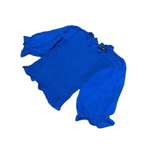 Iky & Me Smocked Top Womens Size XS Stretchy Puffy 3/4 Sleeve Shirt Blue Ruffles